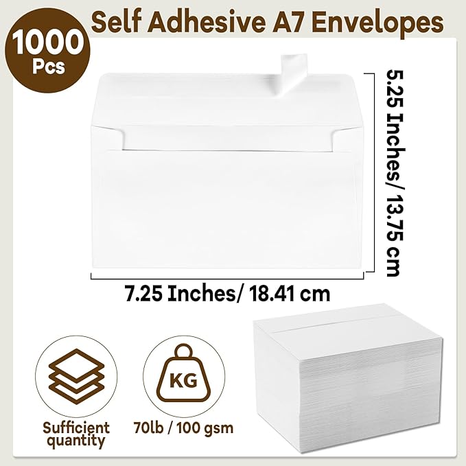 gisgfim 1000 Pcs A7 Envelopes 5.25x7.25 Inches Self Adhesive Invitation Envelopes for 5x7 Cards Printable Mailing Mailers Bulk for Wedding Baby Shower Postcard Photo Thank Notes Greeting Card