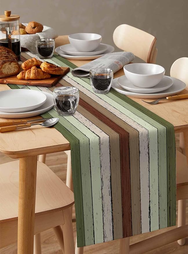 Sage Green Wooden Cotton Linen Table Runner for Dining Kitchen, Wedding Outdoor Party Tablerunners Decoration, Vintage Country Retro Distressed Grain Dresser Scarf Coffee Tablecloth Runners 13''x108''