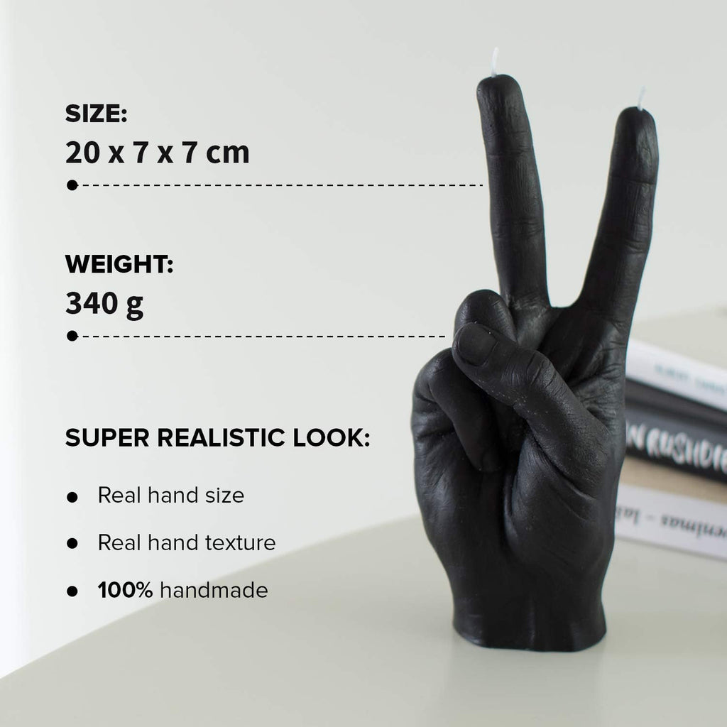 Hand Gesture Candle Peace Sign - Big Real Hand Size 6.7 x 4.3 x 2.4 inches - Handmade Winner Statue - Birthday, Office, Housewarming Gift (Black)
