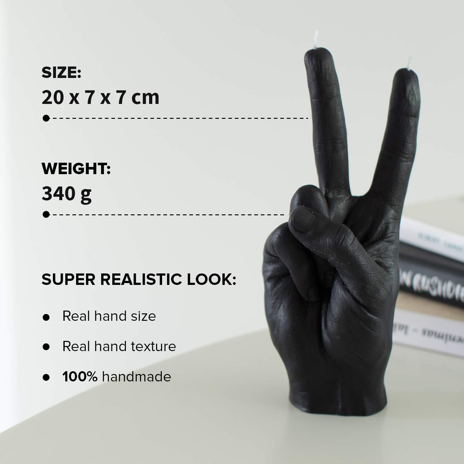 Hand Gesture Candle Peace Sign - Big Real Hand Size 6.7 x 4.3 x 2.4 inches - Handmade Winner Statue - Birthday, Office, Housewarming Gift (Black)