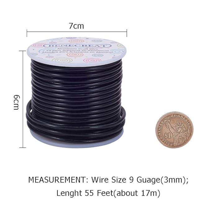 BENECREAT 9 Gauge Jewelry Craft Aluminum Wire 55 Feet Bendable Metal Sculpting Wire for Halloween Craft Floral Model Skeleton Making (Black, 3mm)