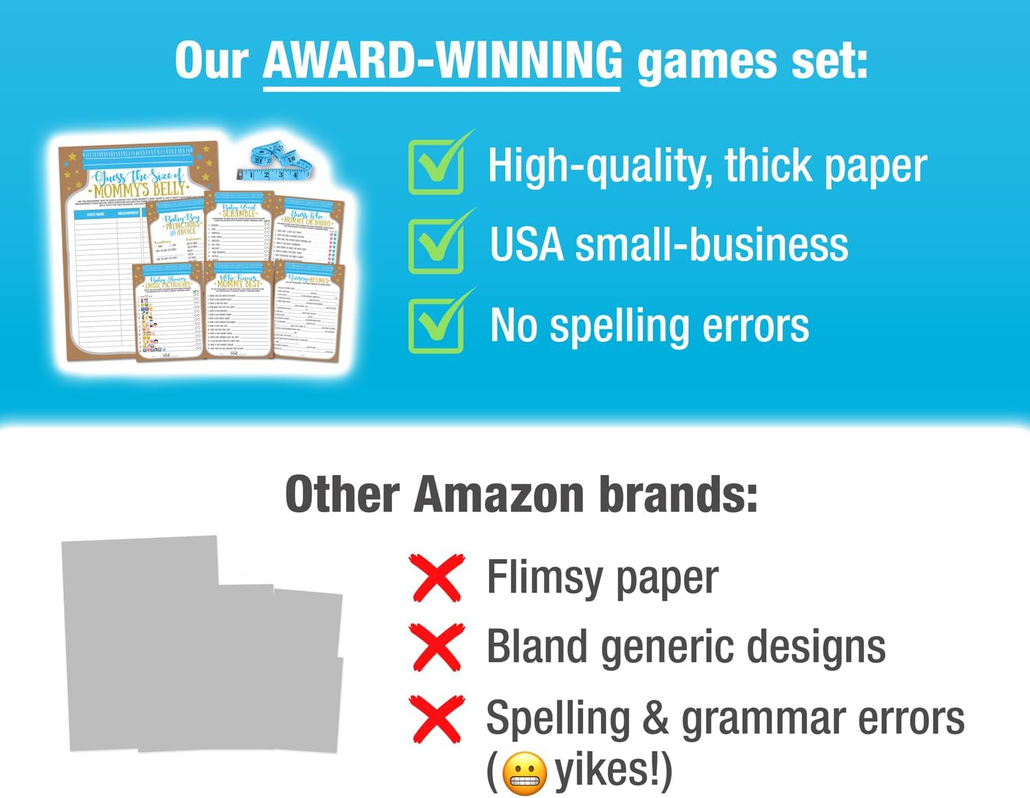 Neatz Baby Shower Games Boy - 7 Games Instant Fun - Baby Prediction Cards, Guess Who Mommy or Daddy, Word Scramble, Advice Cards, Pictionary, How Big is Mommys Belly, Babyshower Game