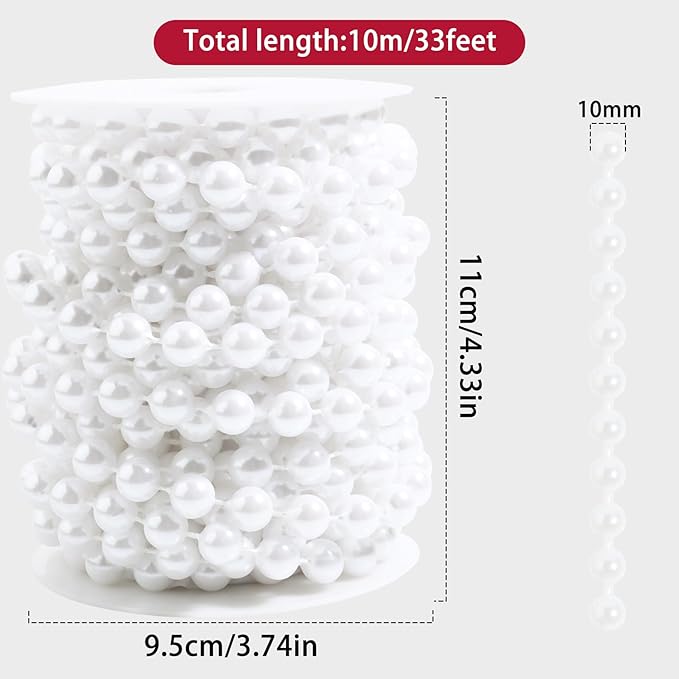 Pearls String Beads 33 Feet Crafts Faux Pearl Roll for Christmas Garland Flowers Wedding Party Jewelry Decoration(10mm White)