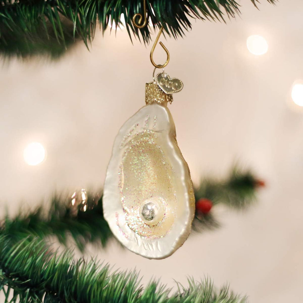 Old World Christmas Oyster with Pearl Glass Blown Ornament for Christmas Tree, Handcrafted Holiday Decoration, Seashell Collection