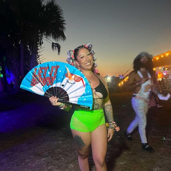 Kandies World UV Reactive Custom Festival Folding Hand Fan - Unique Designs, Made of Bamboo, Clacking Sound, Lightweight - Perfect Rave and Festival Accessory!