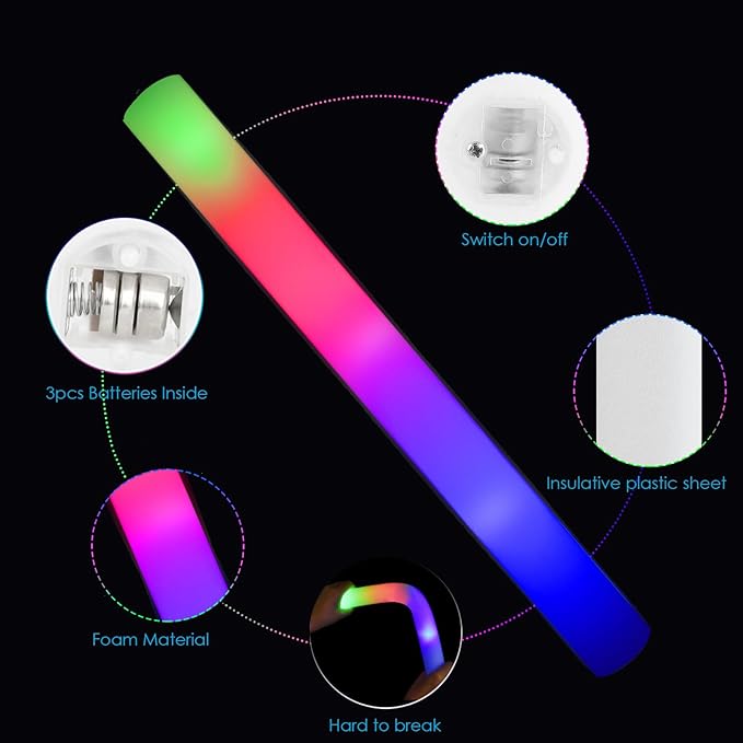 EXCECAR 45PCS Foam Glow Sticks, LED Light Up Foam Sticks with 3 Modes Flashing Changing, Glowing in The Dark for Event Party Wedding Halloween Christmas Concert Supplies