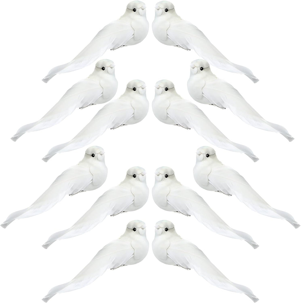 Threan 12 Pcs 5.11 Inch Artificial White Bird Bulk Small Feathered Doves Decor with Clips Love Fake Birds Craft White Ornaments Christmas Tree Home Garden Wedding Party DIY Decoration Wedding Party