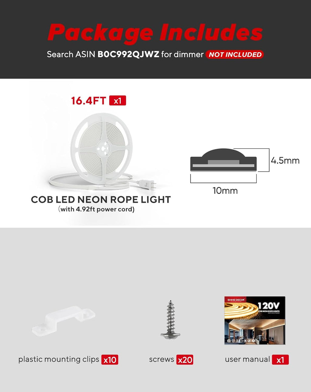 Shine Decor COB LED Rope Light AC 120V, 800lm Ultra Bright, IP65 Waterproof Cold-Resistant ETL Neon Strip, No Driver Tape Lighting for Home Commercial 10x4.5mm, 2800K Warm White, 16.4ft