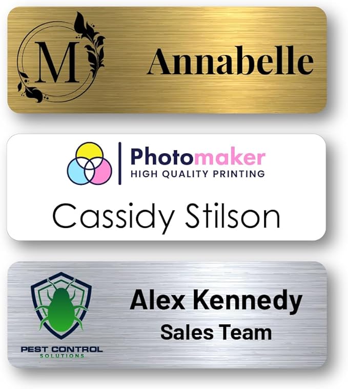 Custom Name Tags - Full Color Logo Name Tags - Scratch Resistant Metal Front & Hard Plastic Back (1.5 x 3 Inch, Gold)