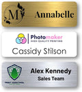 Custom Name Tags - Full Color Logo Name Tags - Scratch Resistant Metal Front & Hard Plastic Back (1.5 x 3 Inch, Gold)