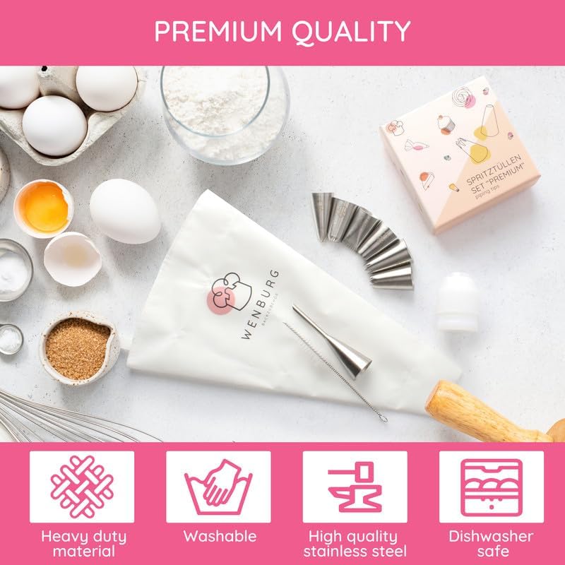 Wenburg Versatile & Easy-to-Clean Large Icing Piping Bags and Tips Set - Reusable 7 Large Icing Tip for Cake Decorating - Cotton Icing Bag - Coupler I Professional Cupcake Kit, Premium Baking Supplies