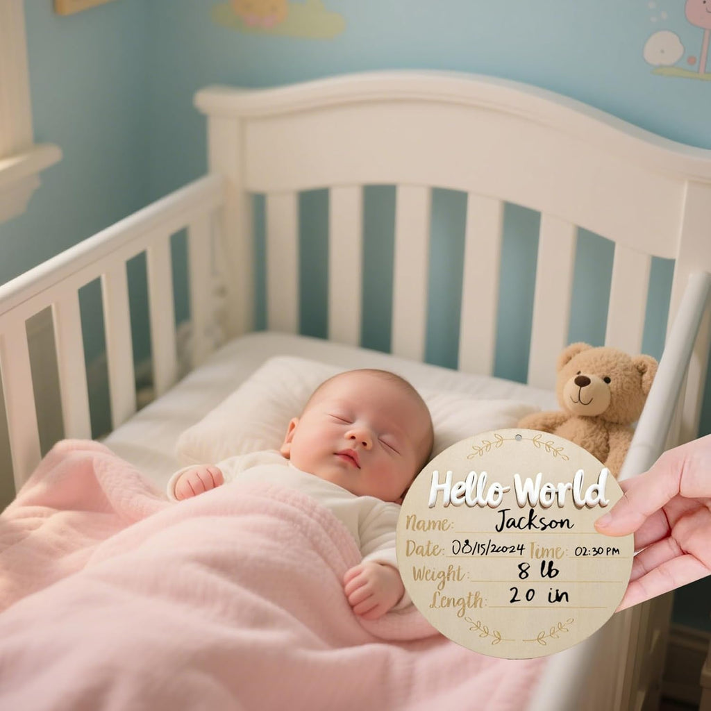 XCMVCN Baby Announcement Sign, 5.9 Inch Round Wooden Hello World Newborn Signs, Birth Announcement Sign: Equipped with Ink Pad Can Baby Handprints and Footprints for Photo Prop Hospital Nursery Gift