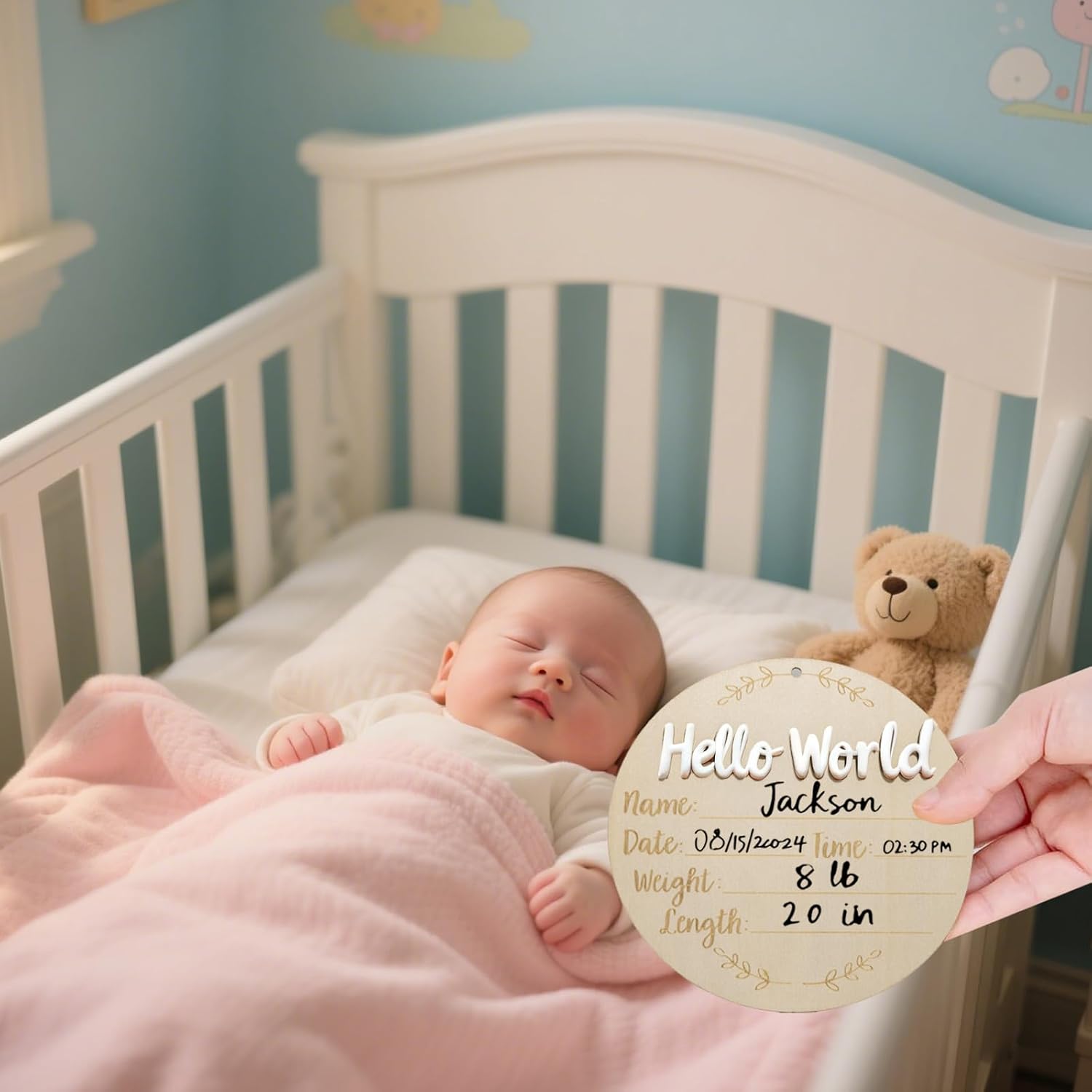 XCMVCN Baby Announcement Sign, 5.9 Inch Round Wooden Hello World Newborn Signs, Birth Announcement Sign: Equipped with Ink Pad Can Baby Handprints and Footprints for Photo Prop Hospital Nursery Gift