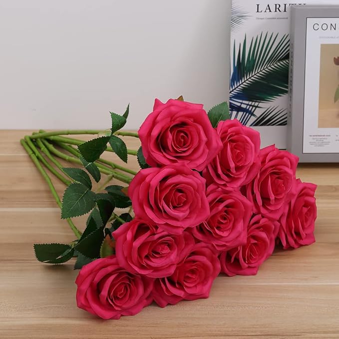 Artificial Rose 10pcs Open Flower Bouquet Faux Rose Stems for Wedding Arrangement, Bridal Bouquet, Centerpiece, Fake Faux Silk Flowers (Hot Pink)