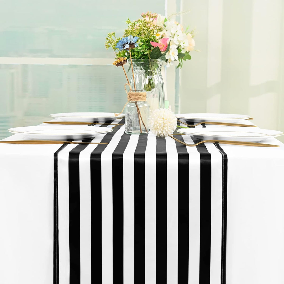 fani 15 Pack Black and White Striped Table Runner, 12 x 72 Inch