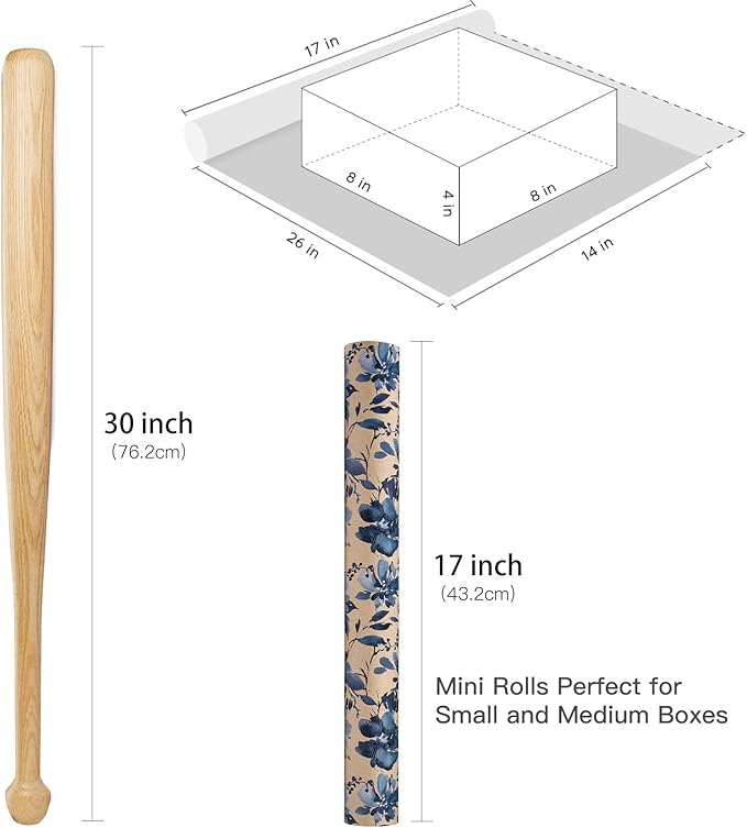 RUSPEPA Blue Floral Wrapping Paper Roll, 17 in x 16.4 ft, Mini Roll, Indigo Gift Wrap, Watercolor Flower Kraft Wrapping Paper Roll for Girls, Women, Spring, Wedding and Birthday