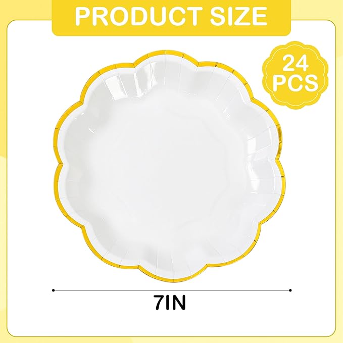 White Golden Party Plates Gold Foil Dessert Paper Plate 7inch Scalloped Edge Disposable Cake Plates for Tea Party Birthday Bridal Baby Shower Wedding Party Supplies (24, White)