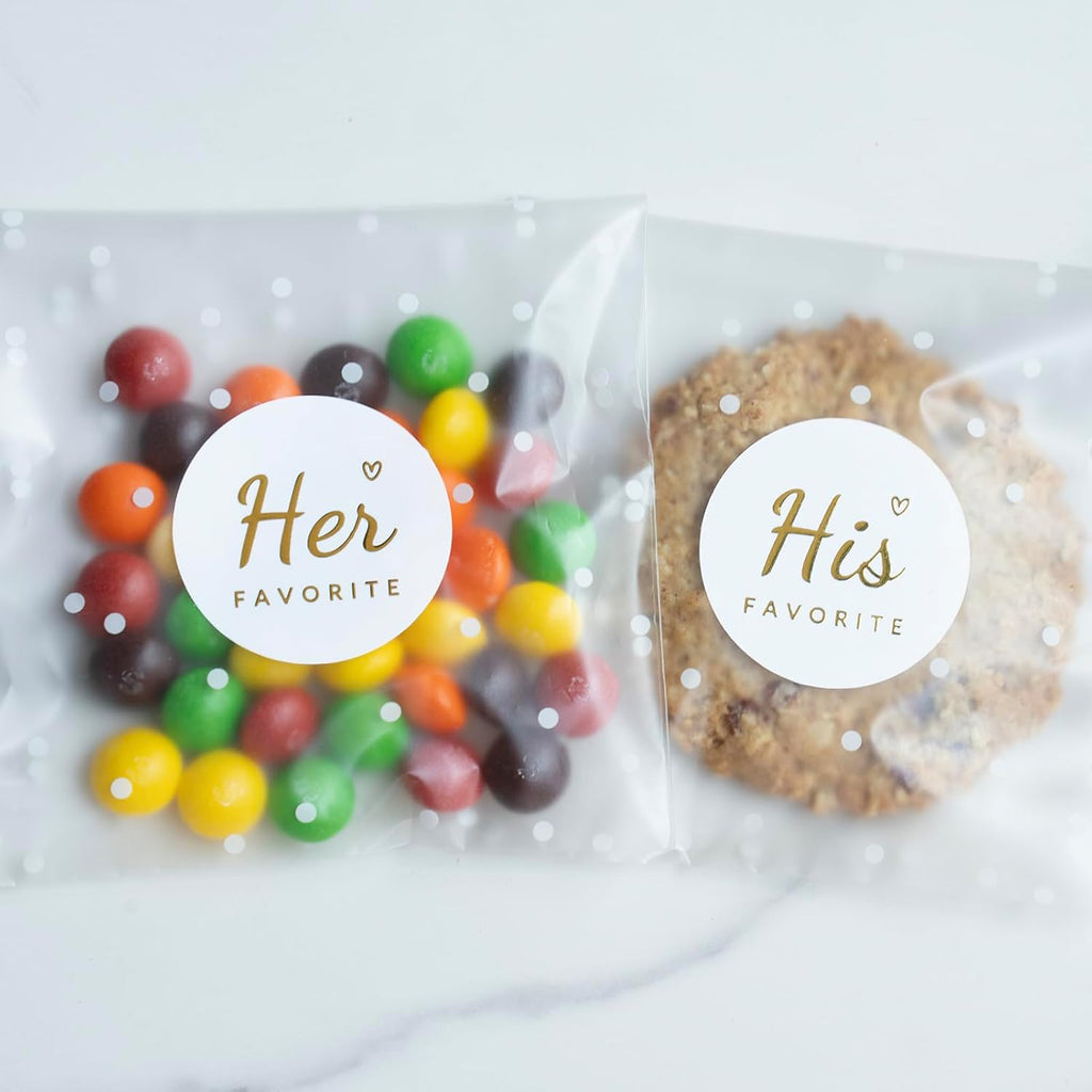 JollyFayre His Favorite Her Favorite Stickers (50 + 50) with 100 Polka Dot Gift Bags – Perfect Wedding Party Favors, Welcome Bag Stuffers