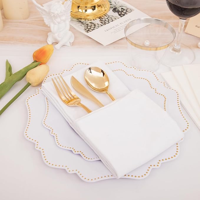 COLOSUS 175pcs Plastic Party Plates Disposable Plastic Dinnerware set. 25guests White Gold Dinner & Dessert Plates with Silverware Cups and Napkins for Party Dinner and Wedding