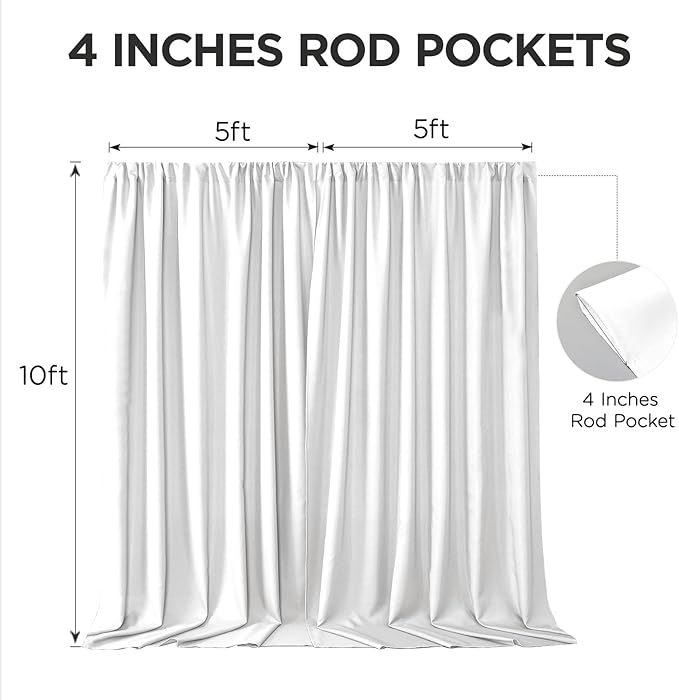 Joydeco White Curtains Backdrop for Wedding Parties, Photo Backdrop Curtains for Wedding Decorations Birthday, Wrinkle Free Polyester 5ft x 10ft Fabric Drape 2 Panels with Rod Pockets