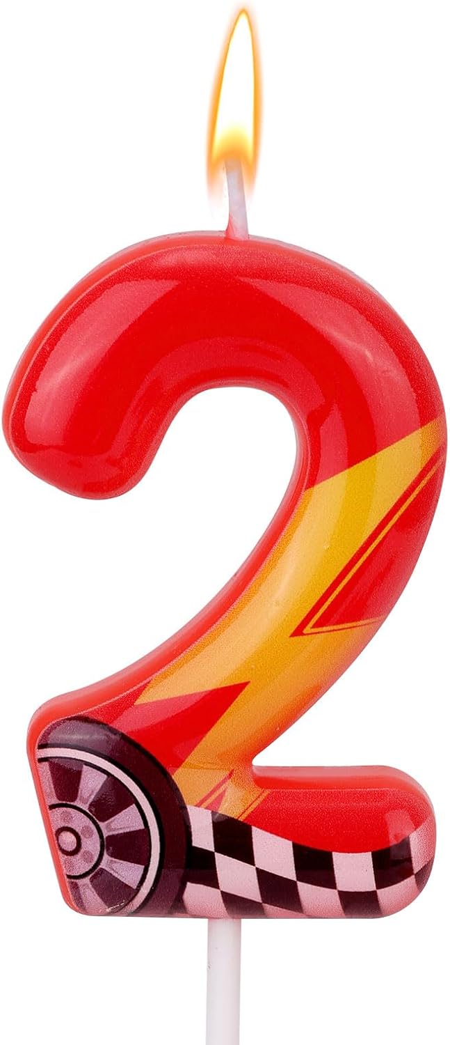 Racing Cars Themed Birthday Candle, Red Racing Car Lightning Number Candle Perfect Cake Toppers and Birthday Anniversary and Theme Party Decoration Supplies(Number 2)