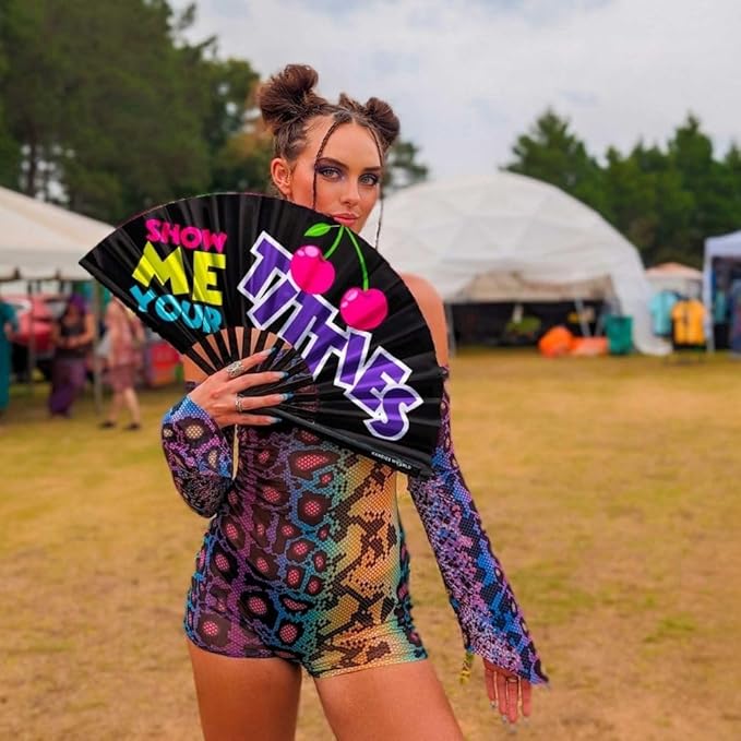 Kandies World UV Reactive Custom Festival Folding Hand Fan - Unique Designs, Made of Bamboo, Clacking Sound, Lightweight - Perfect Rave and Festival Accessory!