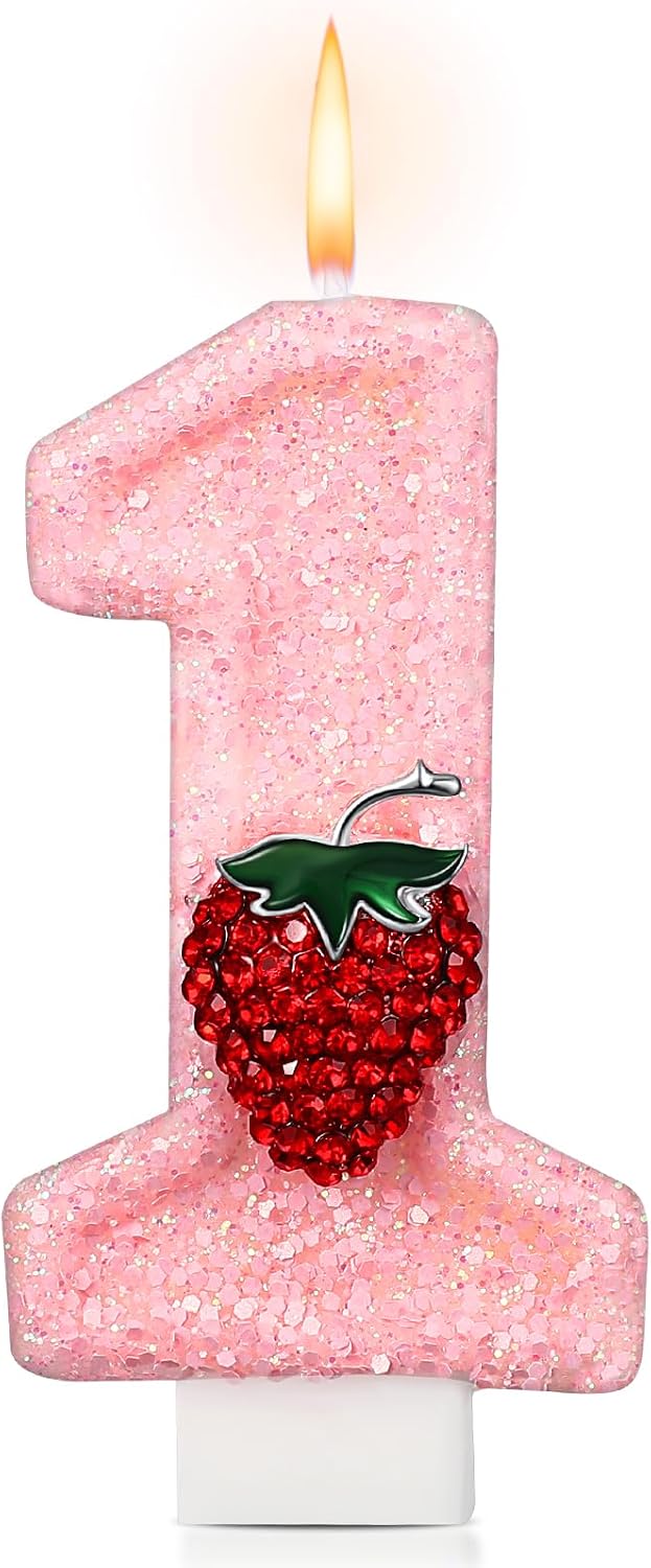 Conelist Strawberry 1 Candle for First Birthday Pink Number 1 Candle Berry One Glitter Cake Topper for Strawberry 1st Birthday Party Supplies Anniversary Decorations