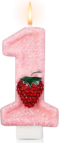 Conelist Strawberry 1 Candle for First Birthday Pink Number 1 Candle Berry One Glitter Cake Topper for Strawberry 1st Birthday Party Supplies Anniversary Decorations