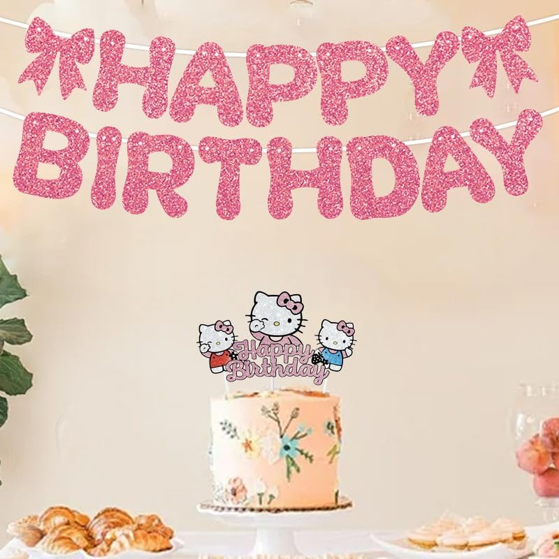 Birthday Cake Decorations, Cute Pink Glitter Happy Birthday Cake Toppers, Cartoon Party Supplies