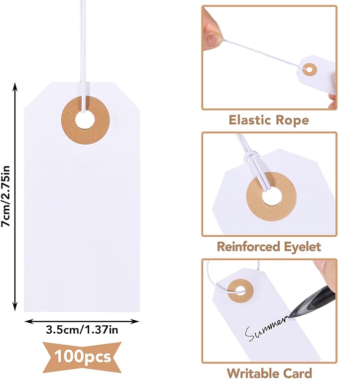 Prudiut 100 Pack Gift Tags with Elastic String White Price Tags Marking Hang Tag Attached Reinforced Hole Writable for Christmas Gifts Inventory Tag Stocking Stuffers 2.75'' x1.37''