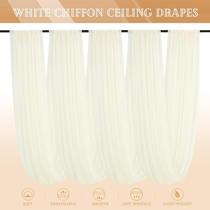 4 Panels Ivory Ceiling Drapes for Wedding 5ftx30ft Sheer Drapery Chiffon Fabric Arch Draping Curtains for Party Ceremony Birthday Baby Shower Reception Stage Ceiling Decorations