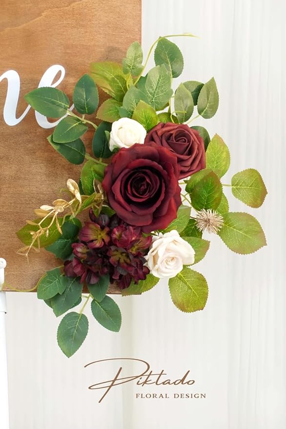 Wedding decor (pack of 2) Welcome Sign Flower Backdrop Garland For Ceremony Reception Wall Easel Home Decoration Entryway Faux Outdoor Board Head Table Decor (Burgundy & White)