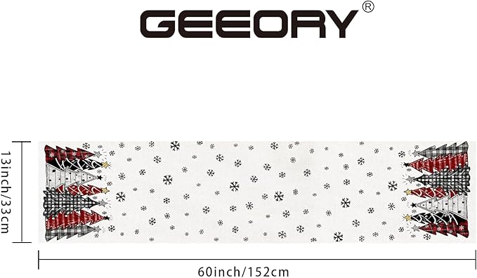 GEEORY Christmas Table Runner 13x60 Inch, Xmas Tees Snowflakes Holiday Decorative Farmhouse Table Decoration for Kitchen Dinning, Indoor Outdoor Dinner Party Decor ((Red & Black) GT165-60