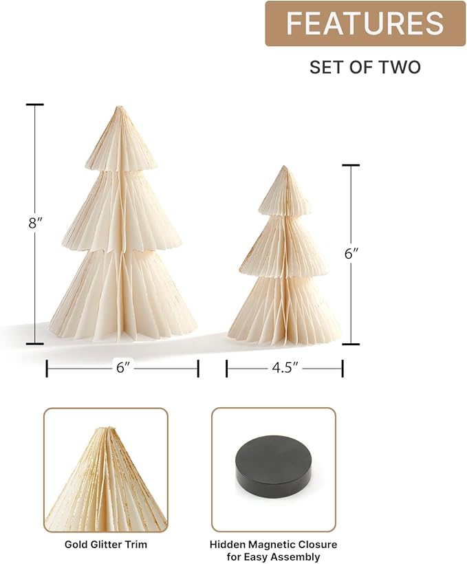 LampLust White Honeycomb Paper Trees, 2 Pack, 6 & 8 Inch, Winter Ornaments, Winter Decorations for Home and Mantel Decor, Winter Wonderland Decorations
