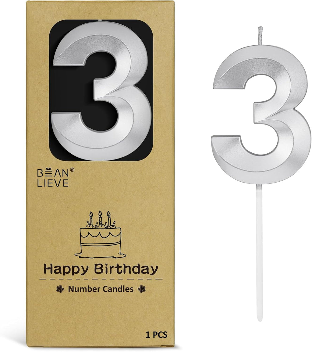 BEAN LIEVE 2.76 Inch Silver Number Candle 3 - Elegant Diamond-Cut Number Birthday Candles,Birthday Cake Topper for Wedding, Anniversary, Birthday Party Decor