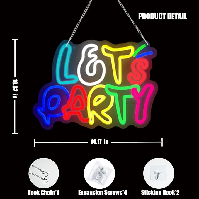 Let's Party Neon Sign for Wall Decor with Dimmable and USB Power,Multicolor LED Light up Sign,Party signs Perfect for Birthday,Bachelorette Parties,Game Room,Bar Lighting,gifts,size:14.17*10.32In