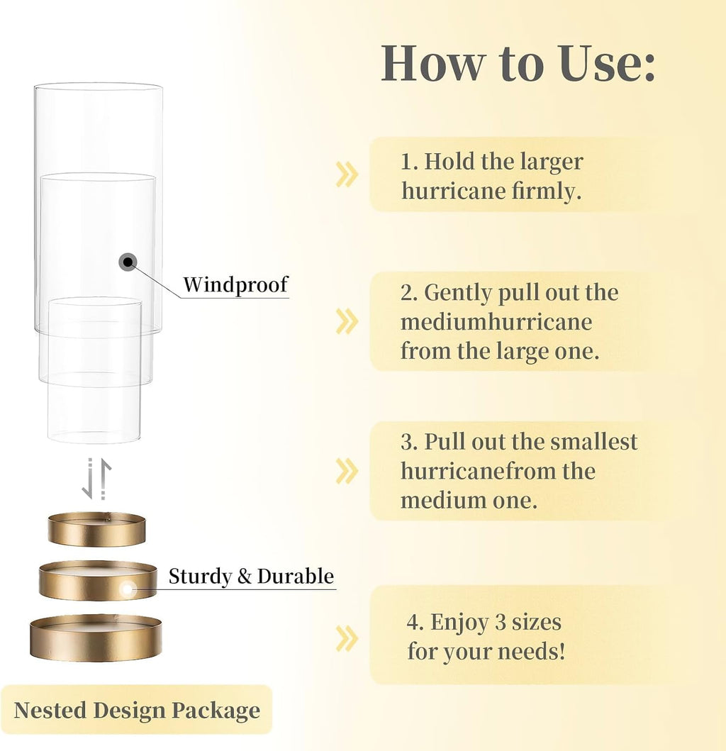 Hewory Hurricane Candle Holder for Pillar Candles: Gold Votive Candle Holders Set of 6, Glass Hurricane with Metal Candle Plate, Pillar Candle Holder for Table Centerpiece Wedding Holiday Home Decor
