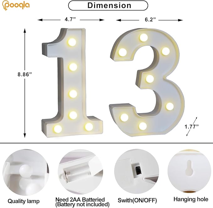 Pooqla 13th Birthday Decorations for Girls Boys, 35 Colors LED Light Up Numbers with Remote, Multicolor Marquee Numbers 13 Sign for Party Wedding Anniversary Decor 13th Birthday Gift, Number 13