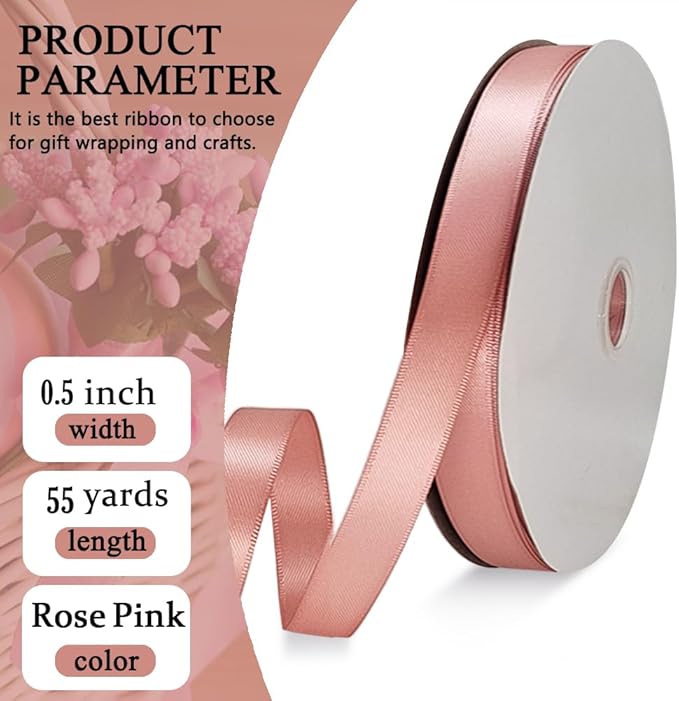 Rose Pink Satin Ribbon Double Faced Satin 1/2 inch x 55 Yards Polyester Ribbon for Gift Wrapping Crafts Wedding Decoration Bows Ornaments Party Bouquet Floral Arrangement