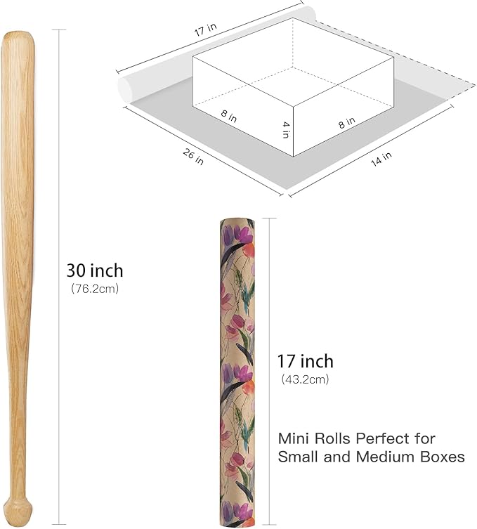 RUSPEPA Tulips Floral Wrapping Paper Roll, Watercolor Gift Wrap, Mini Roll Kraft Paper Roll for Girls, Spring, Summer, Wedding and Birthday 17 Inches x 32.8 Feet