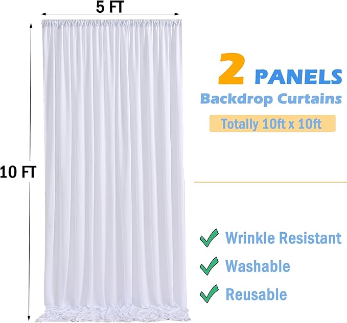10x10ft Wrinkle Free White Backdrop Curtains for Party Background, 2 Panels 5x10ft Silky Polyester Photo Backdrop Drapes Back Drop Cloth for Wedding Birthday Photography Baby Shower Decor