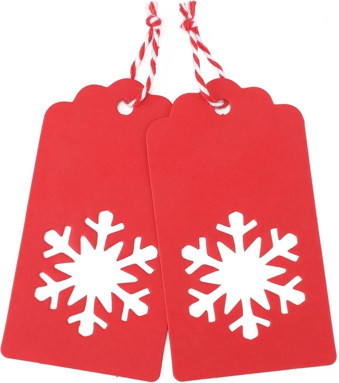 jijAcraft Christmas Gift Tags - 100Pcs Christmas Tags with String, Blank Xmas Name Labels, Red Paper Hollow Trees, Rudolph, Snowflake Shapes Holiday Labels for Xmas Party Favors, DIY Crafts, Jar