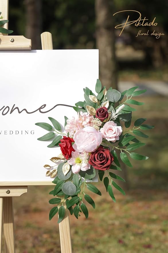 Faux Flower Swag Set of 2 for Wedding Welcome Signs Floral Swag Wedding Reception Ceremony Signs Decor (A-Burgundy Pink)