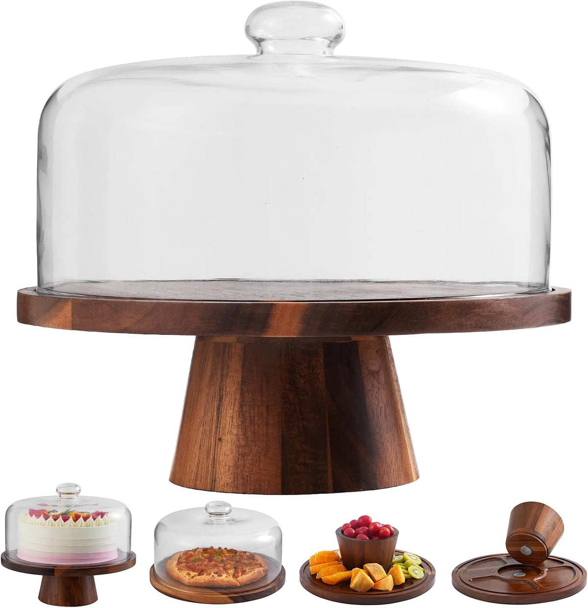Acacia Wood Cake Stand with Glass Lid–12" Magnetic Base for Parties&...