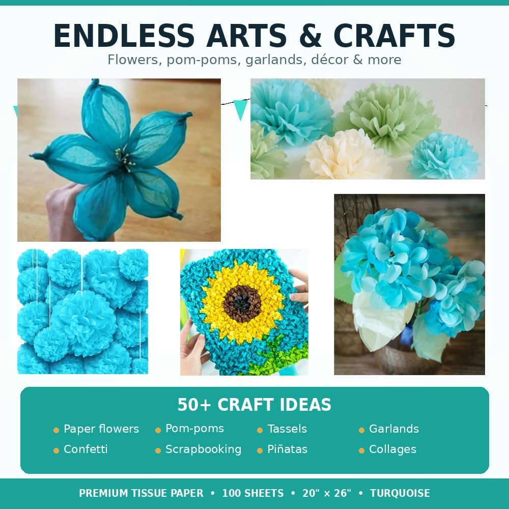 Allgala Tissue Gift Wrapping Paper | Colored Crepe Paper, Gift Bags, Packaging | Ideal for Wedding Gifts, Birthday Gifts, Father's Day and Graduation Gifts | 100-Sheet 20x26 Inch - Turquoise