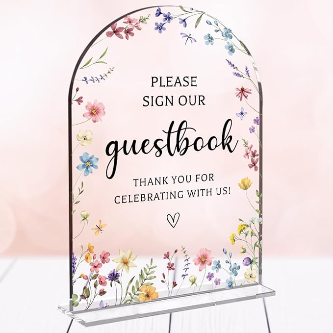 Wedding Sign Decor, Photo Guest Book Sign, 5x7 Inch Arch Acrylic, Wedding Sign for Reception & Event, Bridal Shower Decorations, Wedding Table Sign Accessories for Anniversary And Party (Flower)