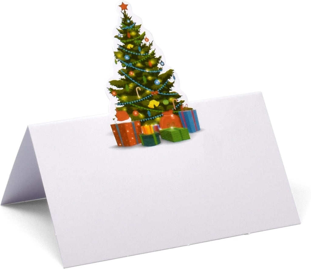 Gift Boutique 100 Pack Christmas Place Cards Holiday Seating Name Card Die Cut Xmas Tree Table Setting Folded Paper Tent Cards for Dinner Wedding Tables Placement Party Decorations 2" x 3.5"
