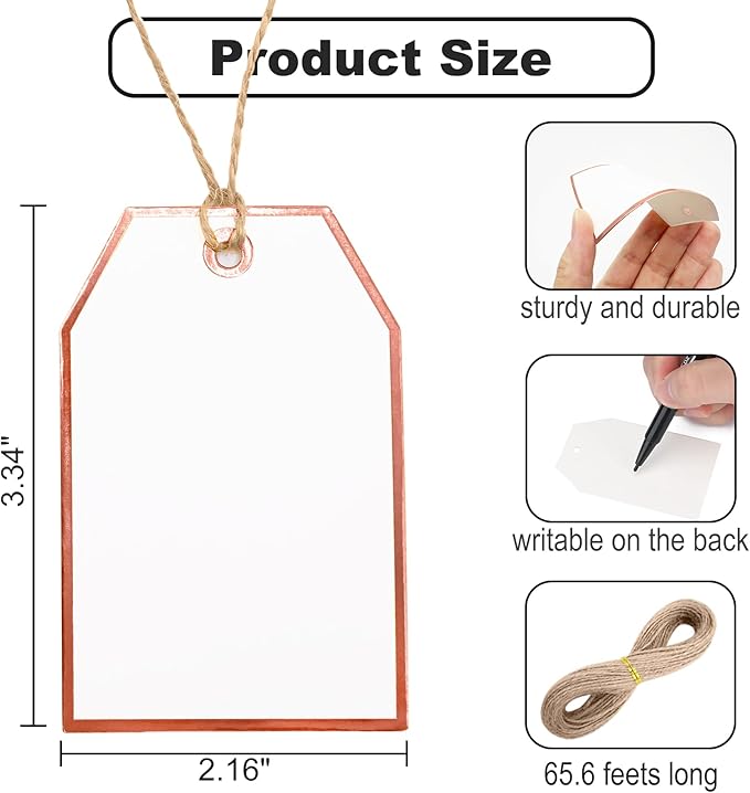 100Pcs Blank Gift Tags with String Attached Foil Rose Gold Frame Large White Paper Gift Tags Presents with 65 Ft Jute Twine for Birthday Wedding Baby Shower Graduation Gift Wrap Tag