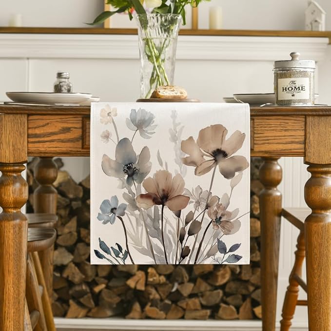 Artoid Mode Brown Poppy Floral Leaves Spring Table Runner, Seasonal Summer Kitchen Dining Table Decoration for Home Party Decor 13x48 Inch