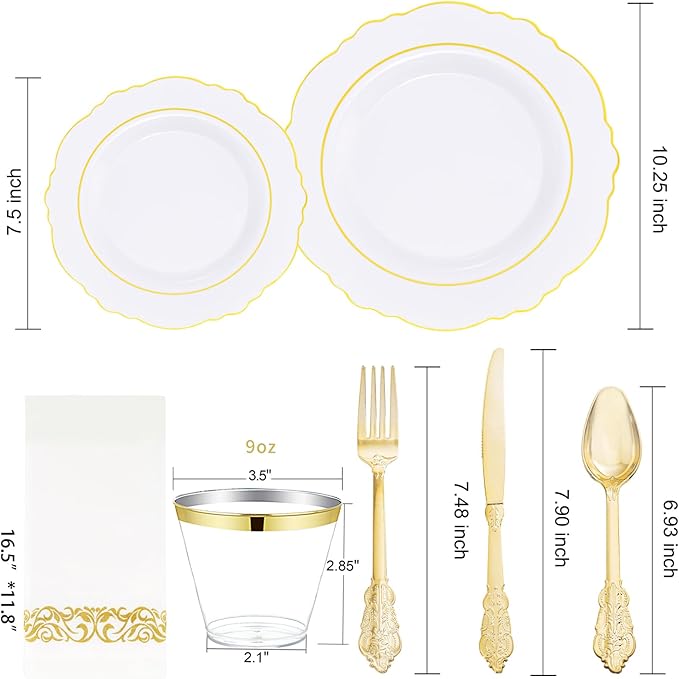 350 Pieces Gold Disposable Plates for 50 Guests, Plastic Plates for Party, Dinnerware Set of 50 Dinner Plates, 50 Salad Plate, 50 Spoons, 50 Forks, 50 Knives, 50 Cups for Thanksgiving